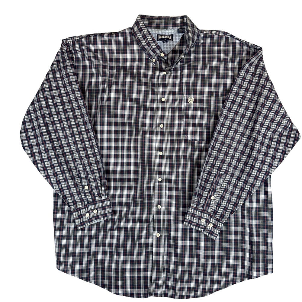 Panhandle Mens XXL Navy Blue Plaid Cotton Long Sleeve Western Button Down Shirt